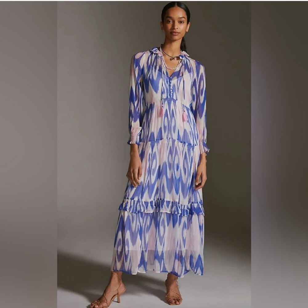 Anthropologie Marais Blue Printed Chiffon Maxi Dress